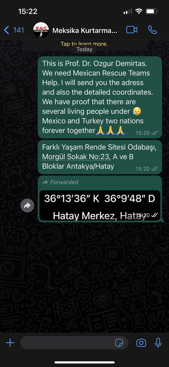 Meksika Kurtarma Ekibine bu adresi gönderdim. Canlı İnsan var Hadi Kurban olayım.

İsrail ekibi Maraş da gelemiyor. Meksika Ekibi umarım Hatay’a yetişir