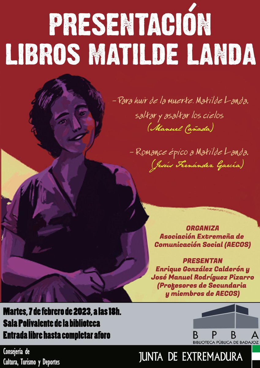 aecos_comsoc's tweet photo. #Dignidad, amor revolucionario, #feminismo, #laicismo, #solidaridad y #justicia social son algunos de los términos vinculados con #MatildeLanda, sobre la que se presentaron el martes dos libros en la @BiblioBadajoz. Aquí os dejamos algunas imágenes. ¡Gracias por acompañarnos! https://t.co/uw9XH4jrex
