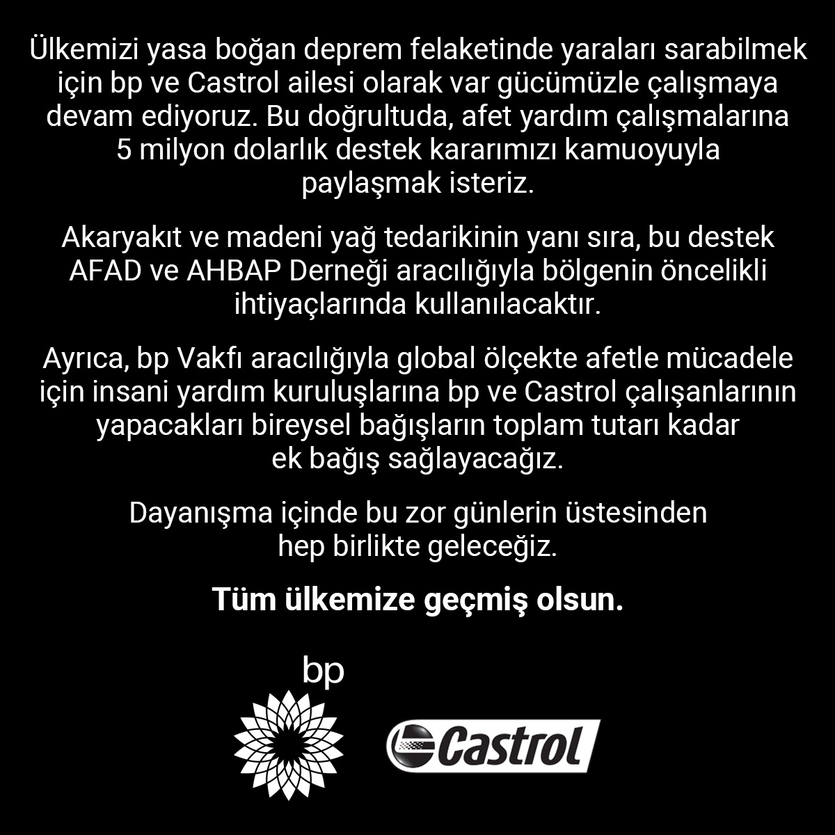 CastrolTurkiye's tweet photo. Ülkemize desteğimizi sürdürüyoruz. Dayanışma içinde bu zor günlerin üstesinden hep birlikte geleceğiz. https://t.co/CHCbFPZYbT