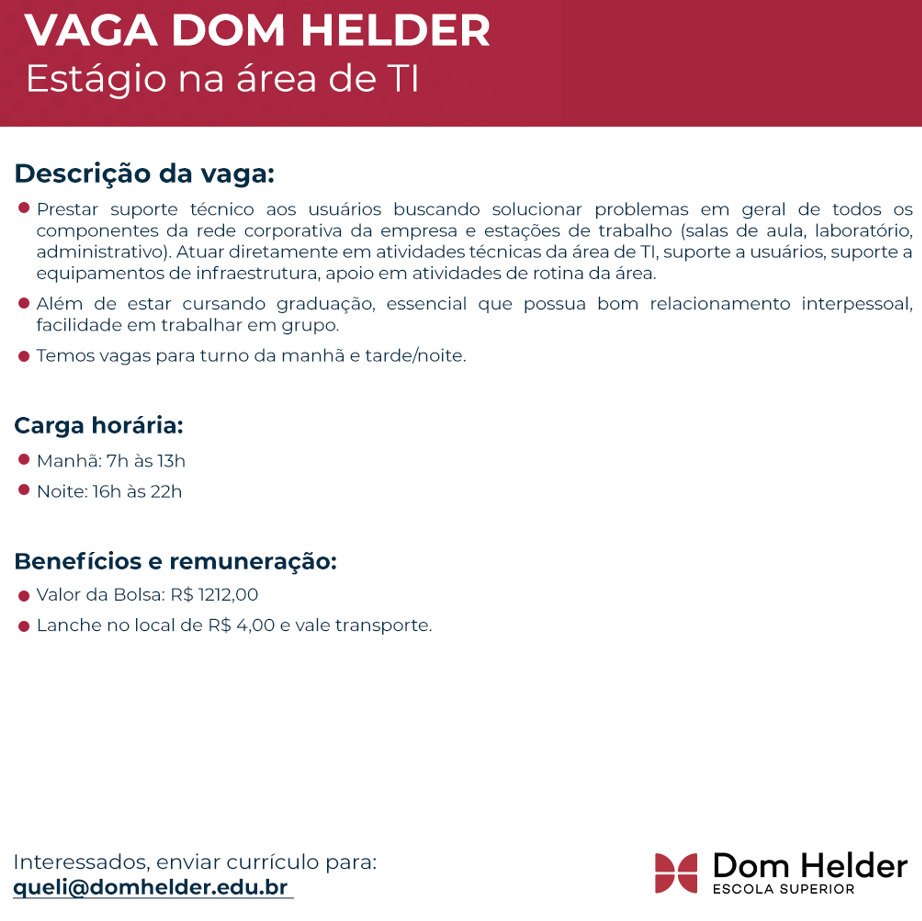 presleyson's tweet photo. Oportunidade de estágio na área de TI da @domhelderescola @ViUmaVaga #oportunidade #TI https://t.co/lyAQoohJZd