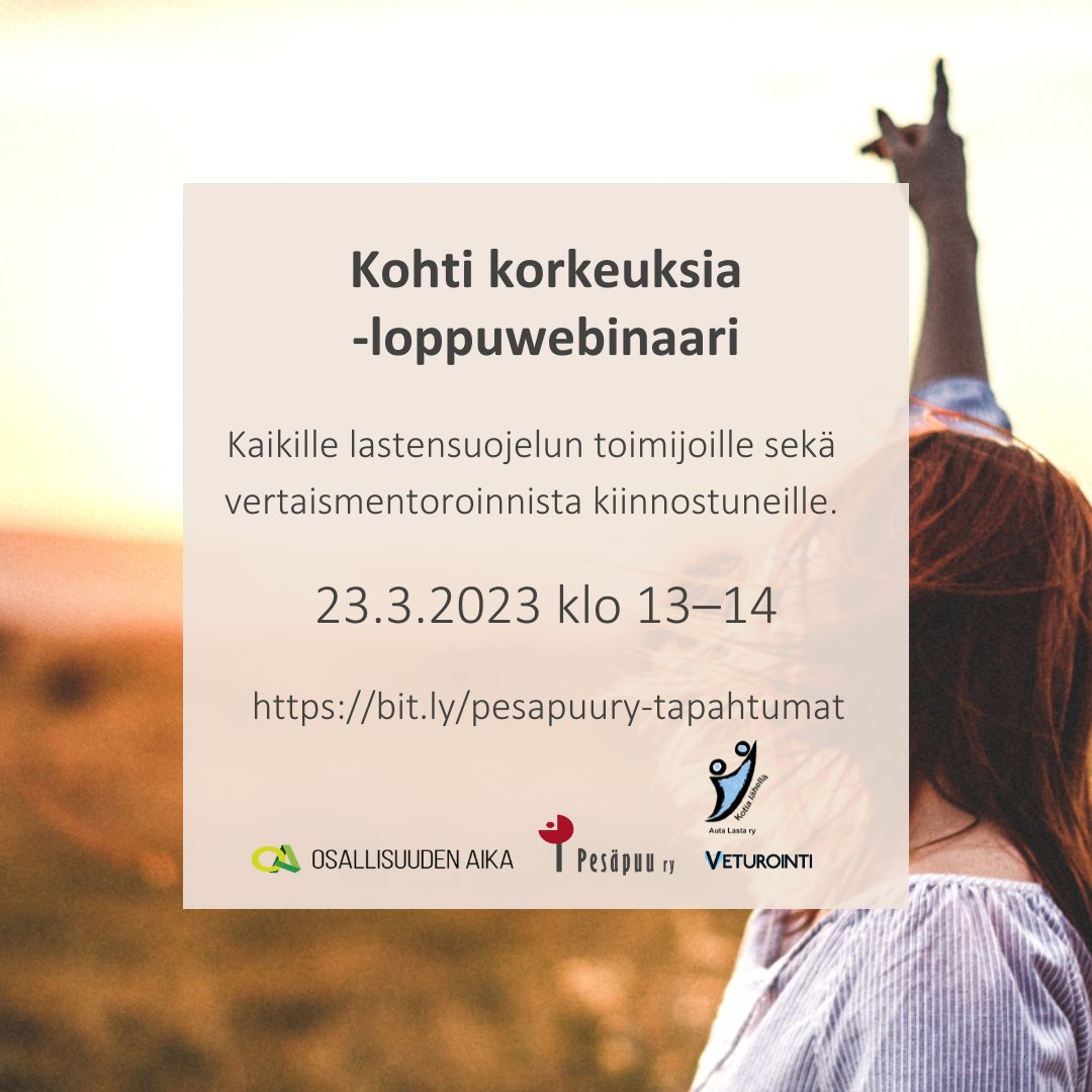 Kohti korkeuksia -loppuwebinaari! Nuorten Turvasatama -hankkeessa pilotoitiin syksyllä verkkovälitteistä, vertaisuuteen perustuvaa mentorointia oman ura- &amp; koulutuspolun pohdintaan sijaishuollossa asuville/asuneille nuorille. Tule kuulemaan kokemuksia!

👉 pesapuu.fi/tapahtumat/koh…