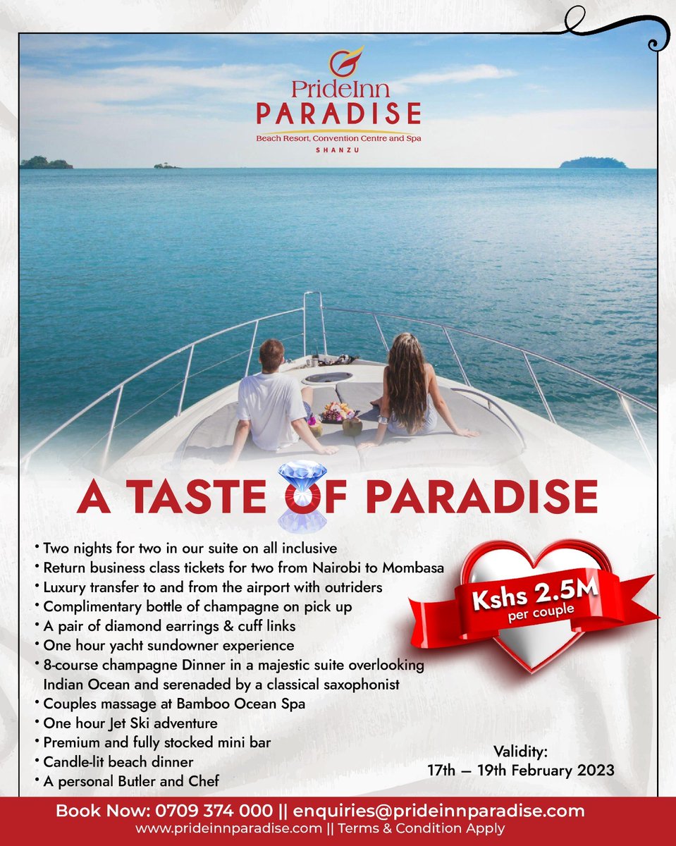 PrideinnHotels's tweet photo. Loveπ, Luxuryβ¨, and Finesseπ.
Experience the finest, tailor-made Valentine's Day experience on the beach as you make memories in elegance and sophistication.
Contact us at 0709 374000 to make your reservation.
#hotels #Valentinesday #luxury #prideinn #prideinnparadise https://t.co/DT7tMrOXCW