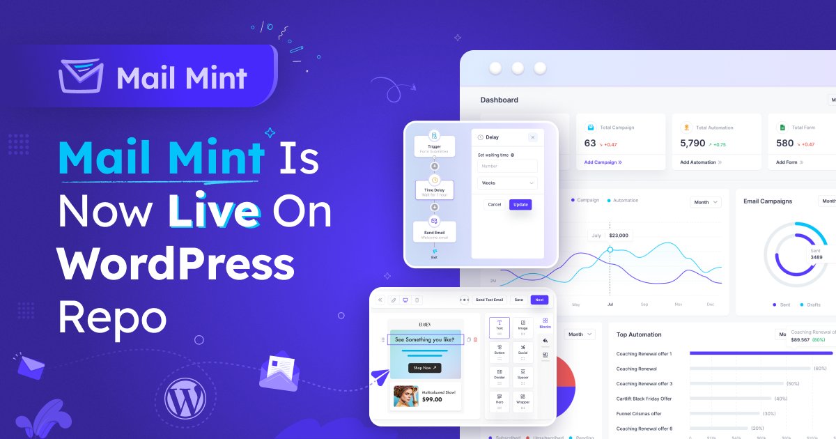 WpFunnels's tweet photo. Mail Mint (free version) is now live on #WordPress! 🤩

Try it and let us know your experience:
👉🏻 https://t.co/yX5kmQCAbh

#emailmarketing #emailautomation #marketingfunnels #mailmint https://t.co/Ycn8cPRiMX