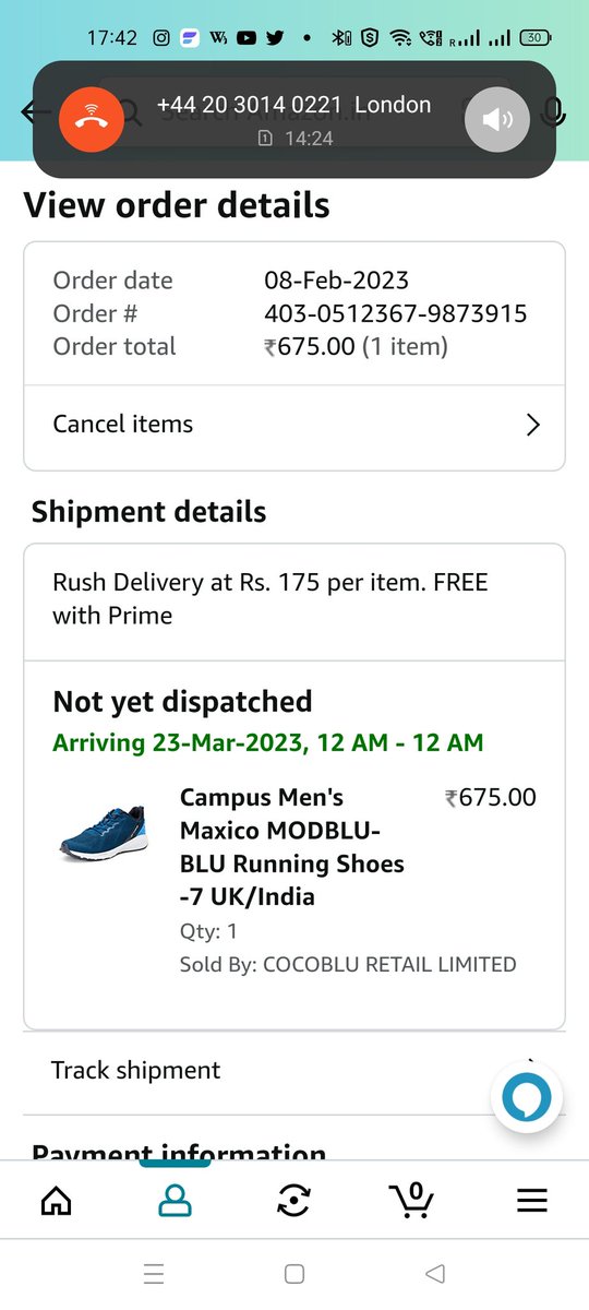 SankarChinmay's tweet photo. @amazonIN @amazon I ordered a campus shoe yesterday, it has shown the delivery timings today 2pm to 6 pm.But didn't deliver on time and today the delivery timings is showing as 23 March.After having a prime account and payment done, this kind of issue is raising. https://t.co/PjQU7bt02i