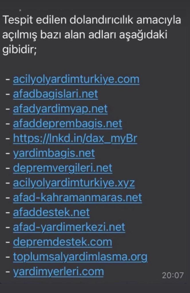 TC. Bilgi Teknolojileri ve İletişim Kurumu üzerinden çoğu kapatıldı.
Resmi kurum ve kuruluşlarla işbirliği olmayan, olduğu açıklanmamış yahut olmadığını sitelerinin alt kısmında açıkça beyan eden wep sitelerini lütfen paylaşmayın hiç bir yerde!
#depremsondakika