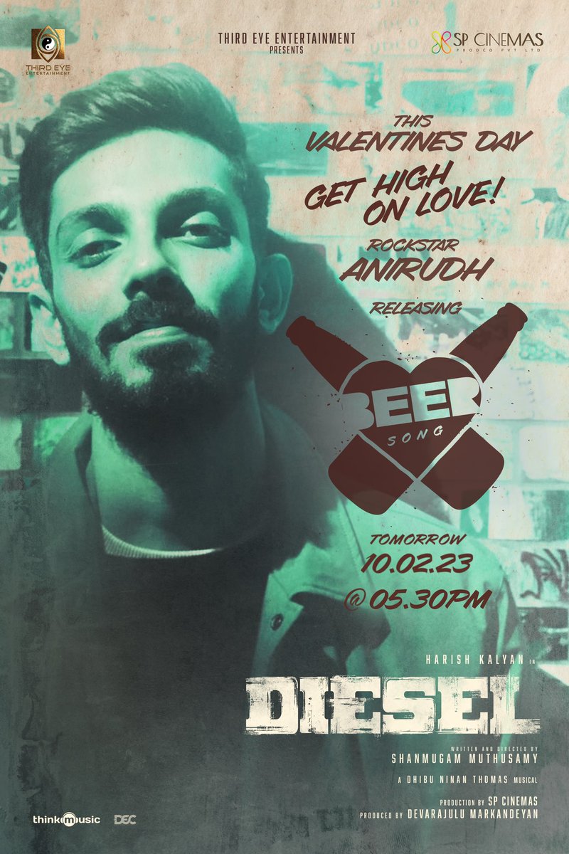 FullOnCinema's tweet photo. Get ready to vibe! Rockstar @anirudhofficial to launch the love gaana number #BeerSong from #Diesel at tomorrow 5.30 pm !

A @dhibuofficial musical 🎶

@iamharishkalyan @AthulyaOfficial 
@shan_dir
@devarajulu29 
@ThirdEye_Films, @thespcinemas 
@vinayRai1809 @msprabhuDop https://t.co/ELFnEzMs4b