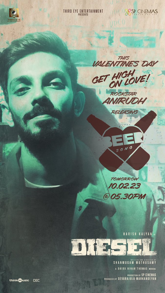 FullOnCinema's tweet photo. Get ready to vibe! Rockstar @anirudhofficial to launch the love gaana number #BeerSong from #Diesel at tomorrow 5.30 pm !

A @dhibuofficial musical 🎶

@iamharishkalyan @AthulyaOfficial 
@shan_dir
@devarajulu29 
@ThirdEye_Films, @thespcinemas 
@vinayRai1809 @msprabhuDop https://t.co/ELFnEzMs4b
