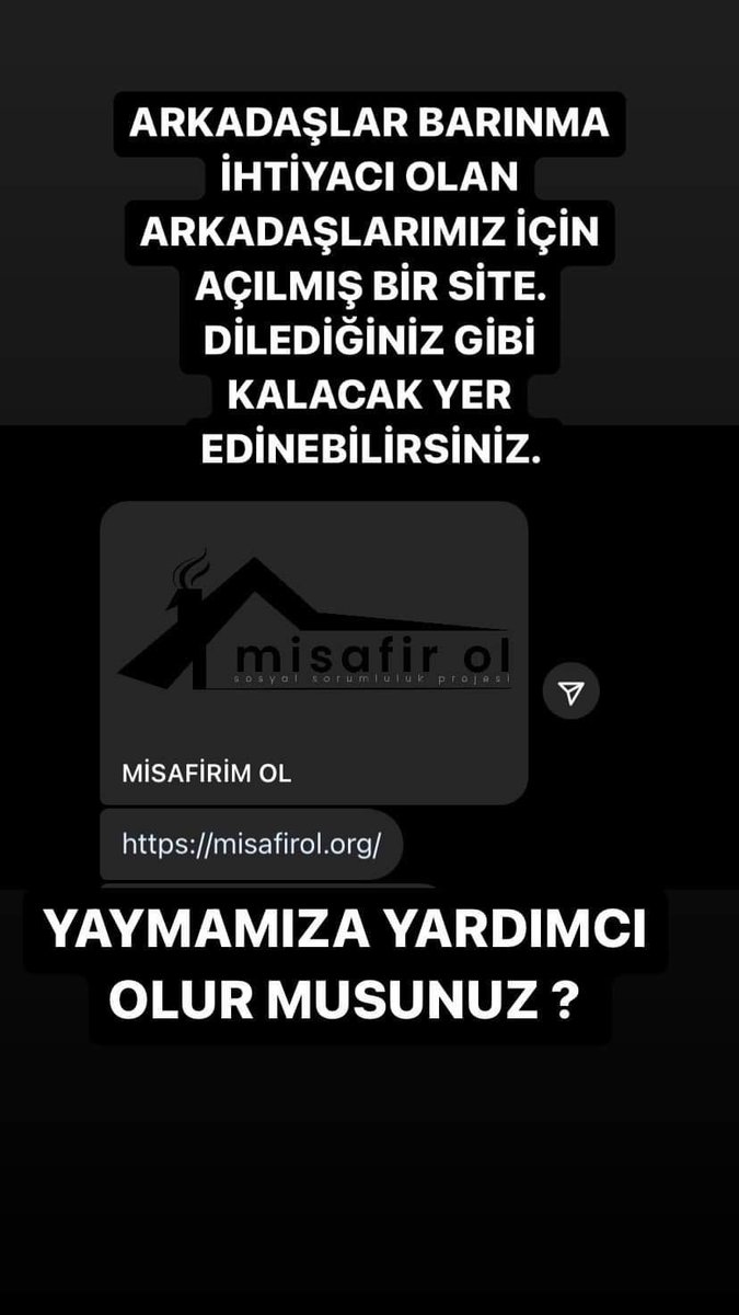 Ev arayan depremzedelerimizin evlere ulaşması için ve aynı şekilde evini açmak isteyen ev sahiplerinin depremzedelere ulaşmaları için bir web sitesi oluşturulmuş. Ayrıca sitede kalınabilecek oteller ve toplanma alanlarının bilgileri de mevcut.
misafirol.org