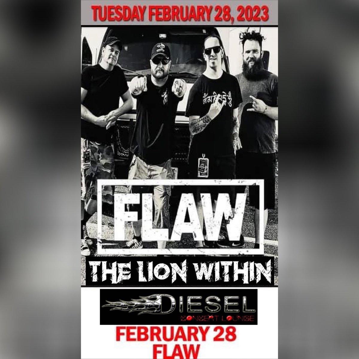 LionWithinMusic's tweet image. Detroit! Feb 28 national recording artists FLAW w/ THE LION WITHIN at Diesel Concerts Detroit (33151 23 Mile Chesterfield MI) Doors 7pm/$15/All Ages 
#FLAW #dieselconcerts #metal #rockband #detroit #detroitmusic #thelionwithin #gig #concert #livemusic #music #showtime