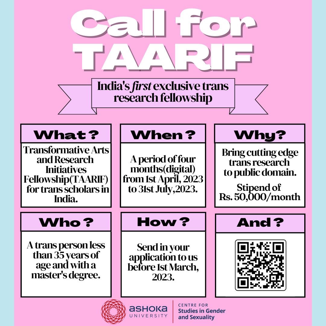 We are super thrilled to be launching India's first ever exclusively trans research fellowship:  Transformative Arts and Research Initiatives Fellowship (TAARIF). 

Please share widely! More details here -