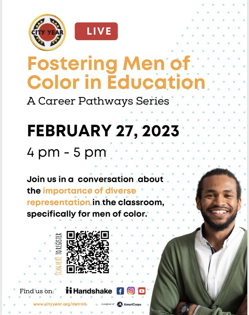 RevSherisse's tweet photo. Join @CityYearDetroit for an important conversation about the shortage of black &amp; brown male educators and explore how a year of service as at City Year can help to overcome this challenge.

#education #BlackMaleEducators #americorps #teachers #Detroit

https://t.co/apDFkWwnFV https://t.co/tjjzg0dox4