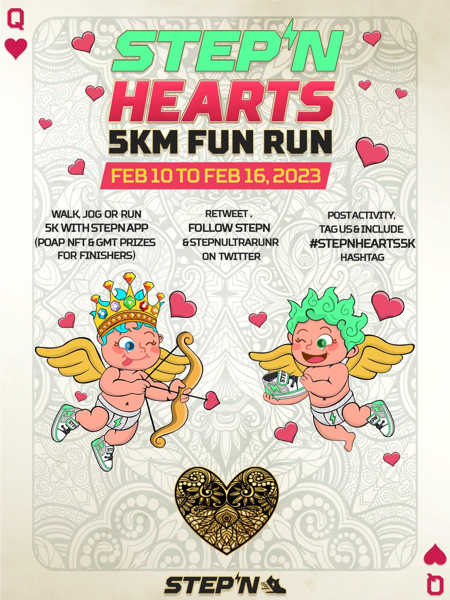 OkayUltraRunner's tweet photo. ⚡️💝@Stepnofficial Hearts 5K💘

🔂❤️RT, Like &amp; Follow
🚶‍♂️🏃‍♀️Walk, Jog or Run 5K w/ STEPN app and Post in Comments &amp; Include #STEPNhearts5K 

🎟️🎁300 GMT (6x50GMT)

🏆📝@0xPolygon POAP for All; submit wallet here: https://t.co/pz73sn7c0W

👑❤️‍🔥10 @solana NFT for Posts w/ Most Likes https://t.co/pn7TtVpYJl