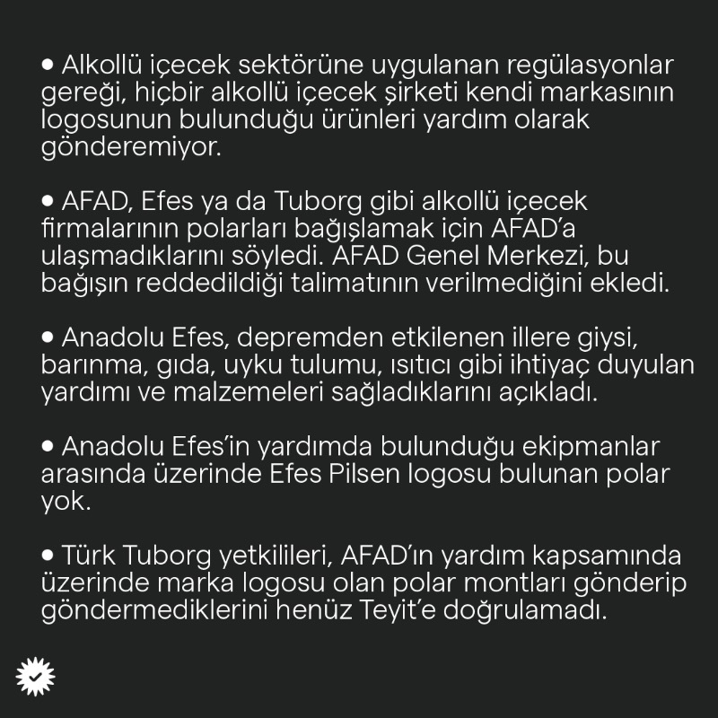 teyitorg's tweet photo. ❌ AFAD'ın Tuborg ve Efes logolu polarları kabul etmediği iddiası yanlış.