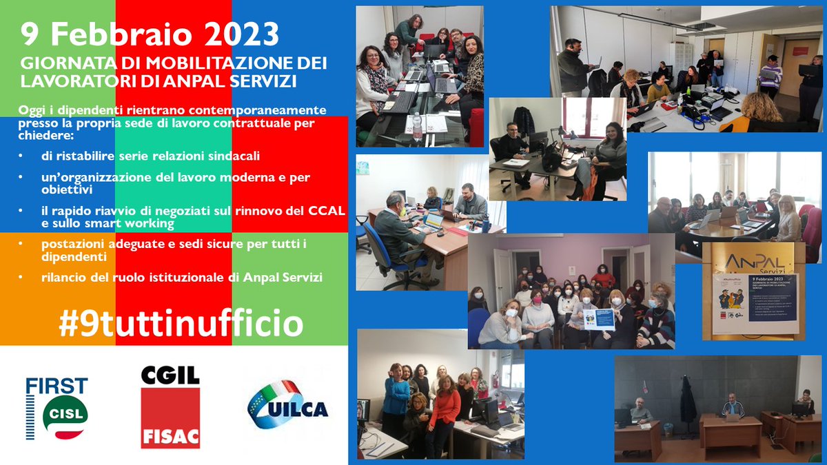 #AnpalServizi
9 Febbraio 2023
Giornata di mobilitazione dei lavoratori di Anpal Servizi
#9tuttinufficio