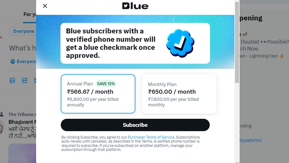 #Twitter paid subscription prices for #Indian users. Web users can get subscription at Rupees 650 per month. iPhone and Android users will have to pay rupees 900 per month. Get an annual plan at Rs. 6800 will be charged. @elonmusk 
scienceofpolitics.in/india-twitter-…