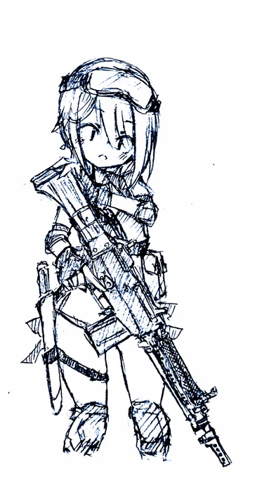 うろ覚えで描いた鉄砲。「ロクヨンは素晴らしい名銃だが、欠点がひとつ在る。消炎制退器のナメ腐ったプラスネジと叩いた勢いで外れるバネピンと鉄帽でうっかり触って倒れる照門だ」 