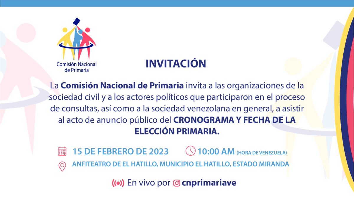 La <a href="/cnprimariave/">Comisión Nacional de Primaria VE</a> invita al anuncio del CRONOGRAMA y FECHA DE LA ELECCIÓN.

Miércoles 15-02, 10 AM, Anfiteatro de El Hatillo