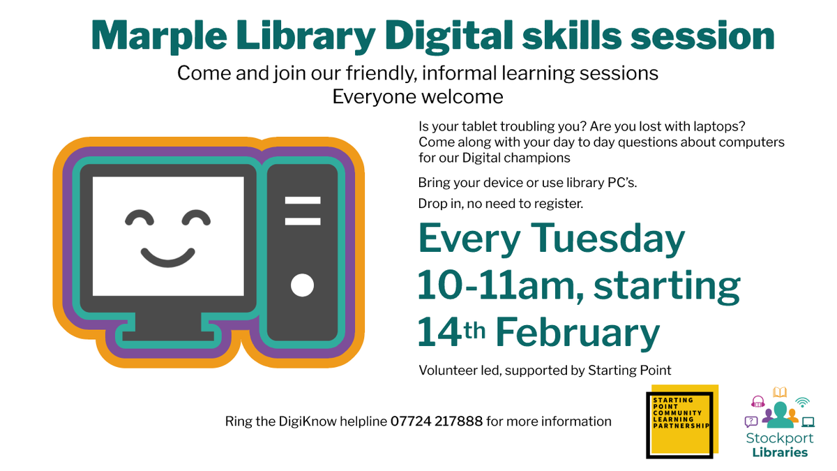 SMBC_Libraries's tweet image. Come and join our friendly, informal learning sessions at Marple Library, starting Tuesday 14th February! Everyone is welcome.
Bring your device or use library PC’s. Drop in, no need to register.
#digiknow @startpointsk6