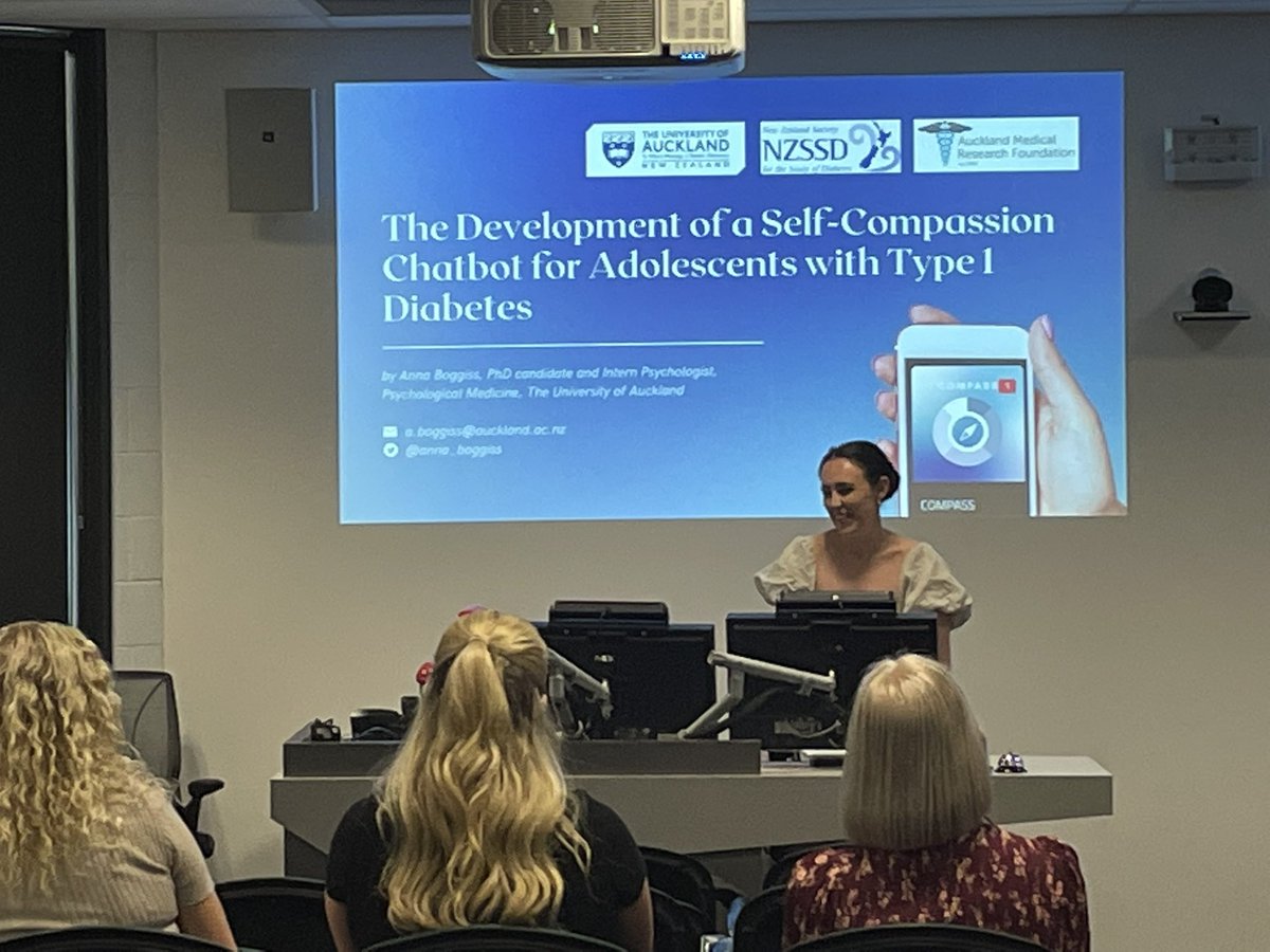 AliPvlova's tweet photo. Such an engaging talk and discussion with @anna_boggiss presenting her results and progress of the development of #selfcompassion chatbot for rangitahi with T1D @ASBHM1 #asbhm2023 https://t.co/X6yb9Y32EX