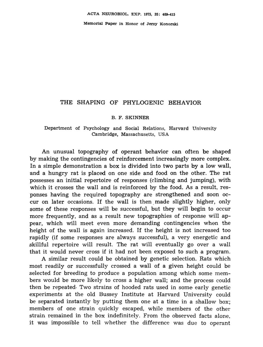 jimtemu's tweet photo. Psych Myth: B.F. Skinner believed all behavior is learned. Fact: Skinner’s position does not reject “species-specific” responding. Evolutionary selection is one of his three “levels of selection,” and it can shape behavior just as it shapes other features of the organism. https://t.co/6TXqAayZhq