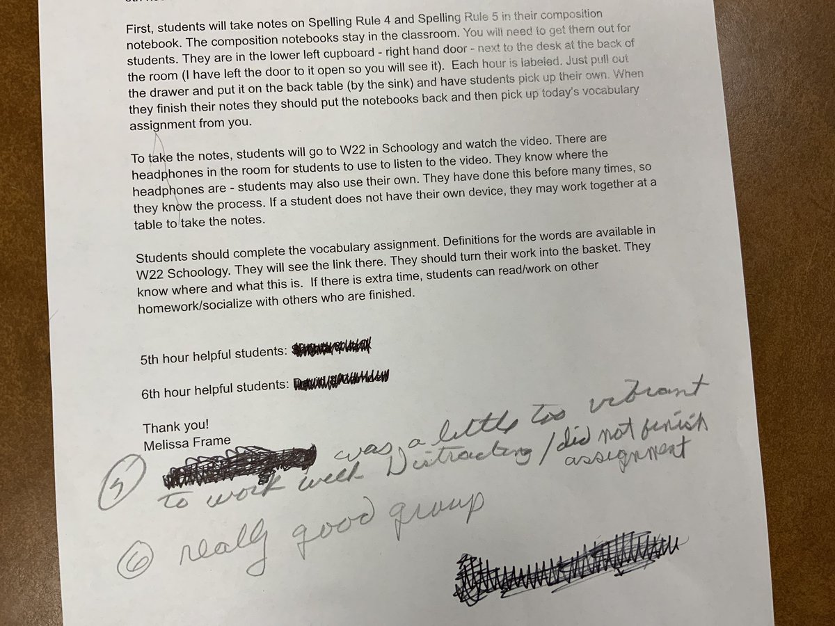 curriercafe's tweet photo. I’ve been reading so many tweets about the sub shortage/disruptive students. I have to say, I am fortunate to teach in this community. I love this description of my middle school students that the sub left yesterday. #substitute #middleschool #k12 #teacherlife https://t.co/4ERGXuA0j6