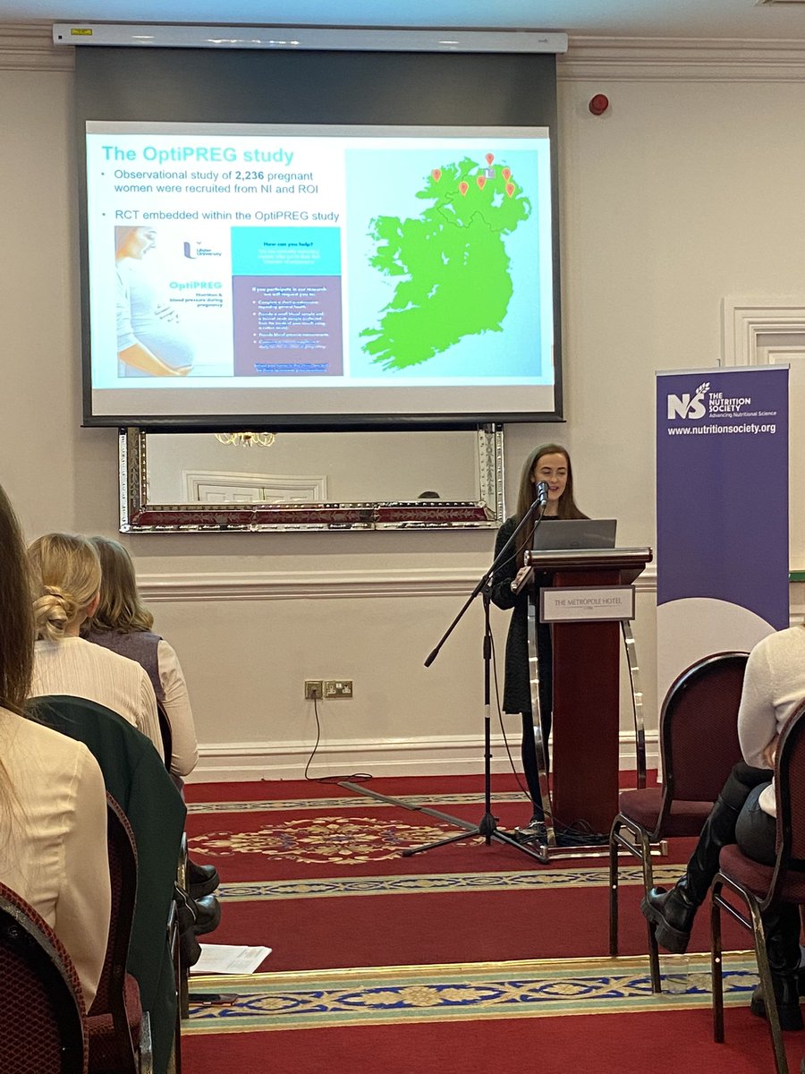 NICHE_ULSTER's tweet photo. Final year #NICHEphd researcher @BethanyDuffyRD presents new data from the #OptiPREG trial on the effects of #riboflavin supplementation π during pregnancyπ€°on offspring blood pressure. Well done Bethany ππ» #NSIrishPG23 https://t.co/zVJAFYajbq