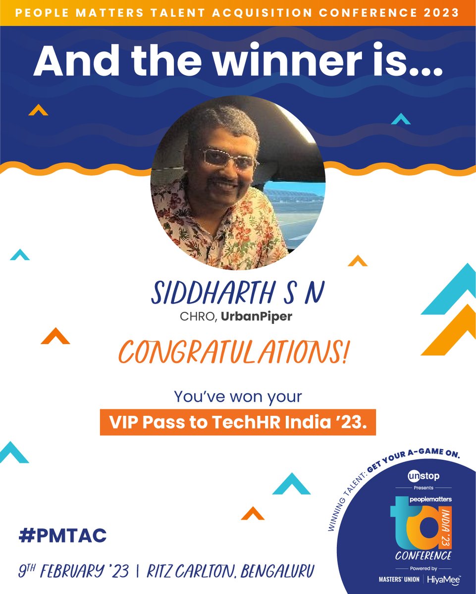 PeopleMatters2's tweet photo. 🎉🎉We congratulate @nagasiddharth, CHRO, @urbanpiper for being our #SocialMedia #Champion, and thank them for helping us capture the wonderful moments and key takeaways at #PMTAC. 

#TalentAcquisition #People #TalentManagement #Employees #WinningTalent https://t.co/1ThAE6WoNW