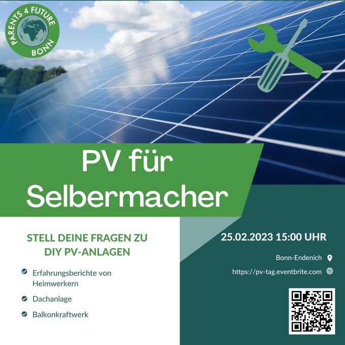 #Bonn soll klimaneutral werden - im Verkehr und in der Energieerzeugung. <a href="/P4FBonn/">Parents for Future Bonn</a> laden ein zum Workshop zu #Photovoltaik #Solarenergie am 25.2. in Bonn Endenich.

Anmeldung: pv-tag.eventbrite.com

#Verkehrswende 🤝 #Energiewende