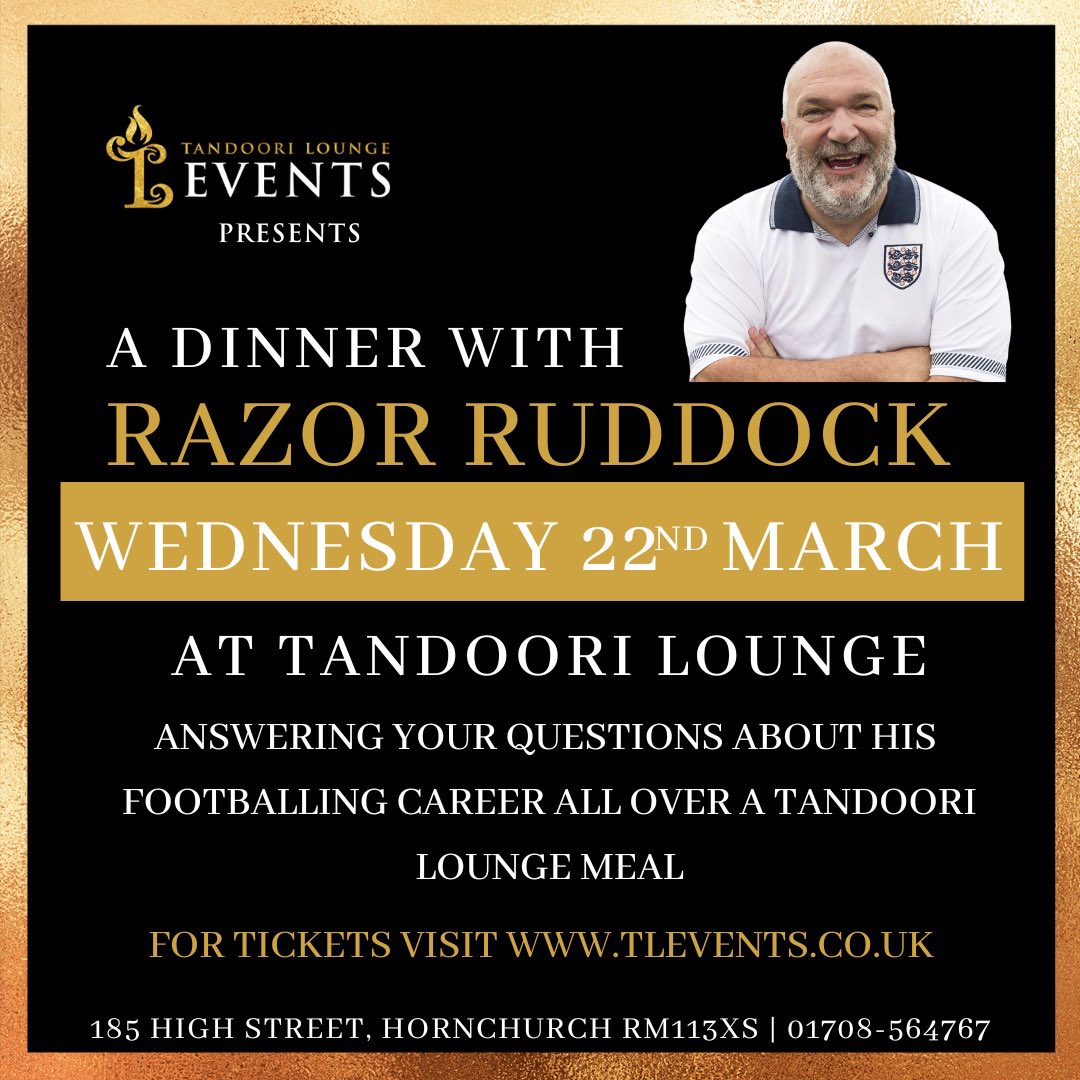 TandooriLounge's tweet photo. Come join @RealRazor for an amazing meal, a trip down memory lane and a Q&A session at @TandooriLounge this March.
Tickets available via https://t.co/1onHe2tu9s
#westham #football #dinner #curry #punjabi #indianrestaurant #hornchurch #tlevents #footballevents #LiverpoolFC #Spurs https://t.co/IwGoGQheK0