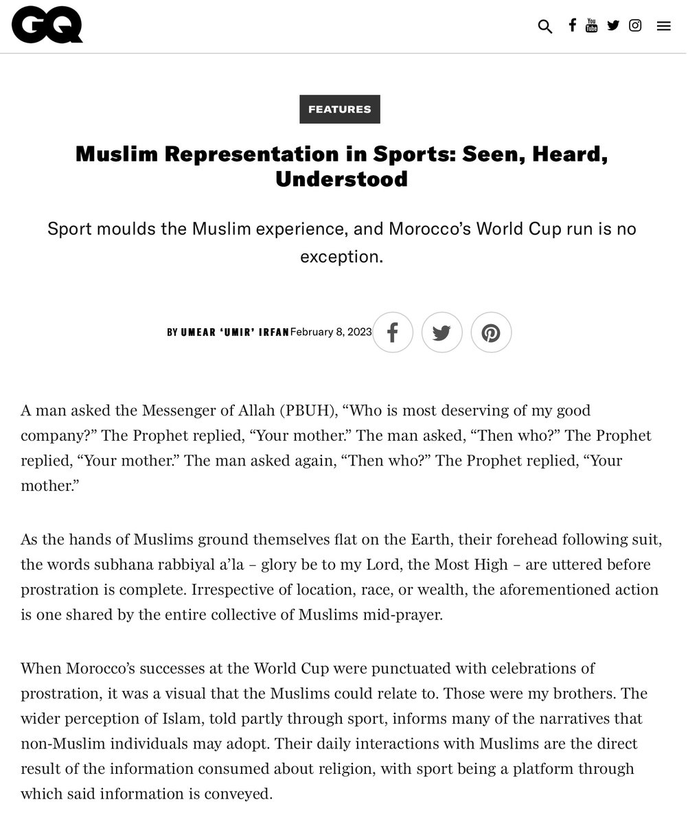 Morocco’s historic World Cup run captured the hearts of many.

I wrote about how Morocco’s World Cup was experienced by the Muslim world and how it moulded the Muslim experience for <a href="/GQMiddleEast/">GQ Middle East</a>’s commemorative February 2023 issue.

Have a read here:

gqmiddleeast.com/features/musli…
