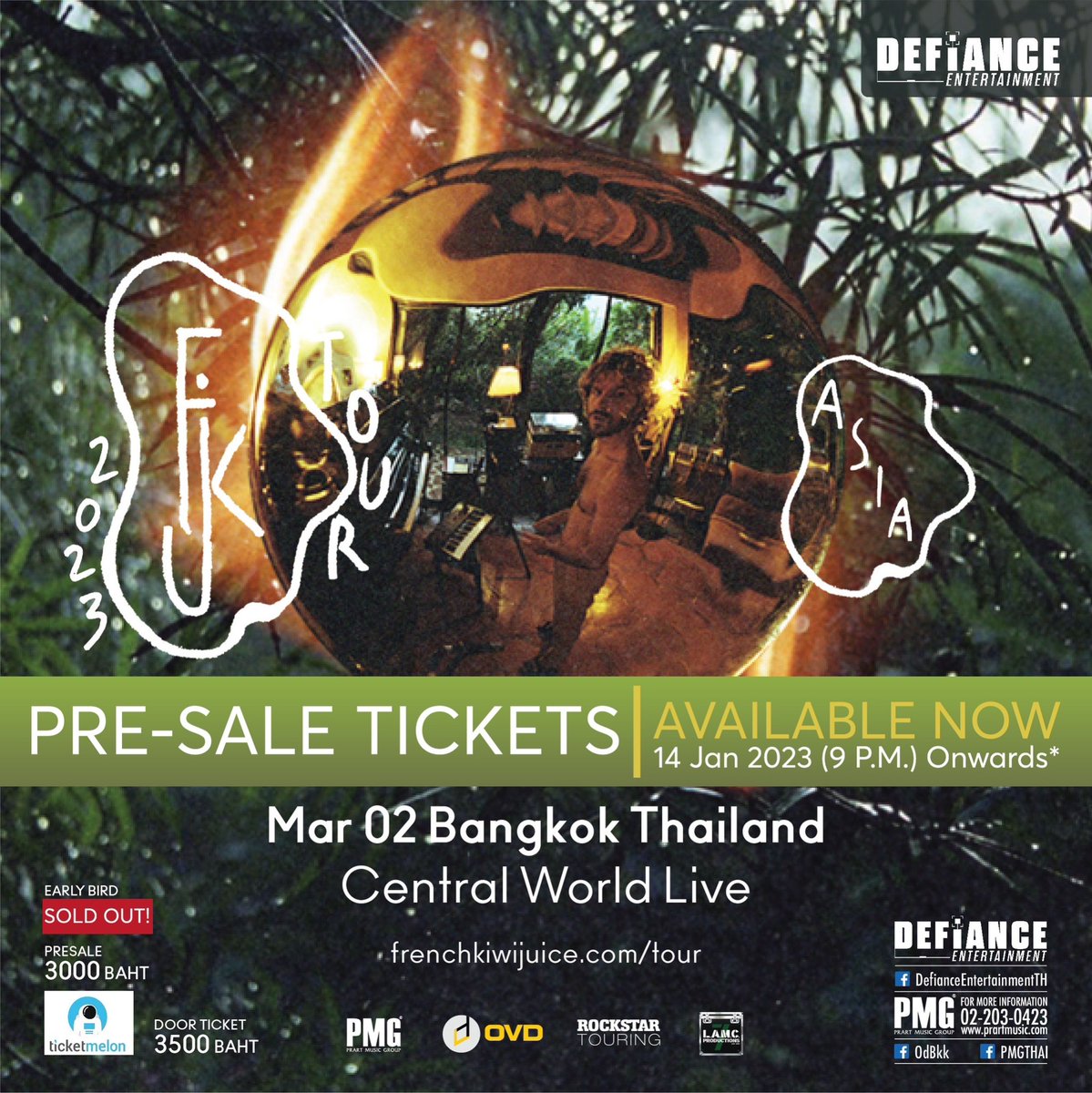 pmgthai's tweet photo. Defiance Entertainment x OVD
Present: FKJ Asia Tour 2023: Live in Bangkok

บัตร Pre-Sale จำหน่ายแล้ว!
ซื้อบัตรได้ที่
https://t.co/iznFpWlYPs
บัตรราคา
- Pre-Sale : 3,000 บาท
- At Door : 3,500 บาท

แล้วเจอกัน!!
#fkjliveinbangkok #defiancentertainment
#FKJ #OD #OVD https://t.co/meSuX8ljIu