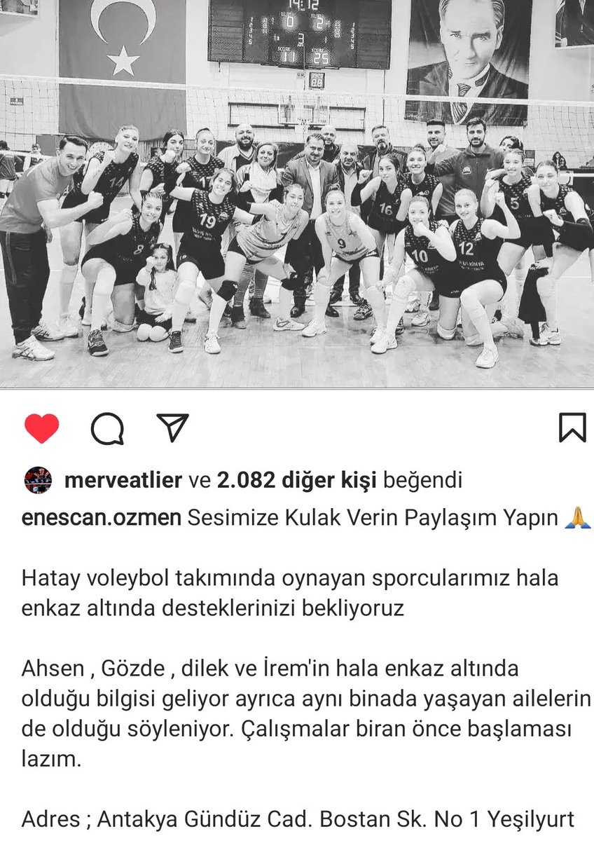 Rsavci7's tweet photo. Acilll yardım gerekiyor 
ANTAKYA GÜNDÜZ CAD. BOSTAN SK NO:1 YEŞİLYURT 
HATAY BAYAN VOLEYBOL TAKIMI VEDE AYNI APARTMANDA KALAN AİLELER VAR İLETİSIM SES VARMIŞ KURTARMA EKİPLERININ Destek vermesi lazım
@AFADHatay @ahbap @OguzhanUgur @edaerdem14 @guneszehraa @evrimkeklik_ @nzydmr11 https://t.co/OuwGRvG6Id