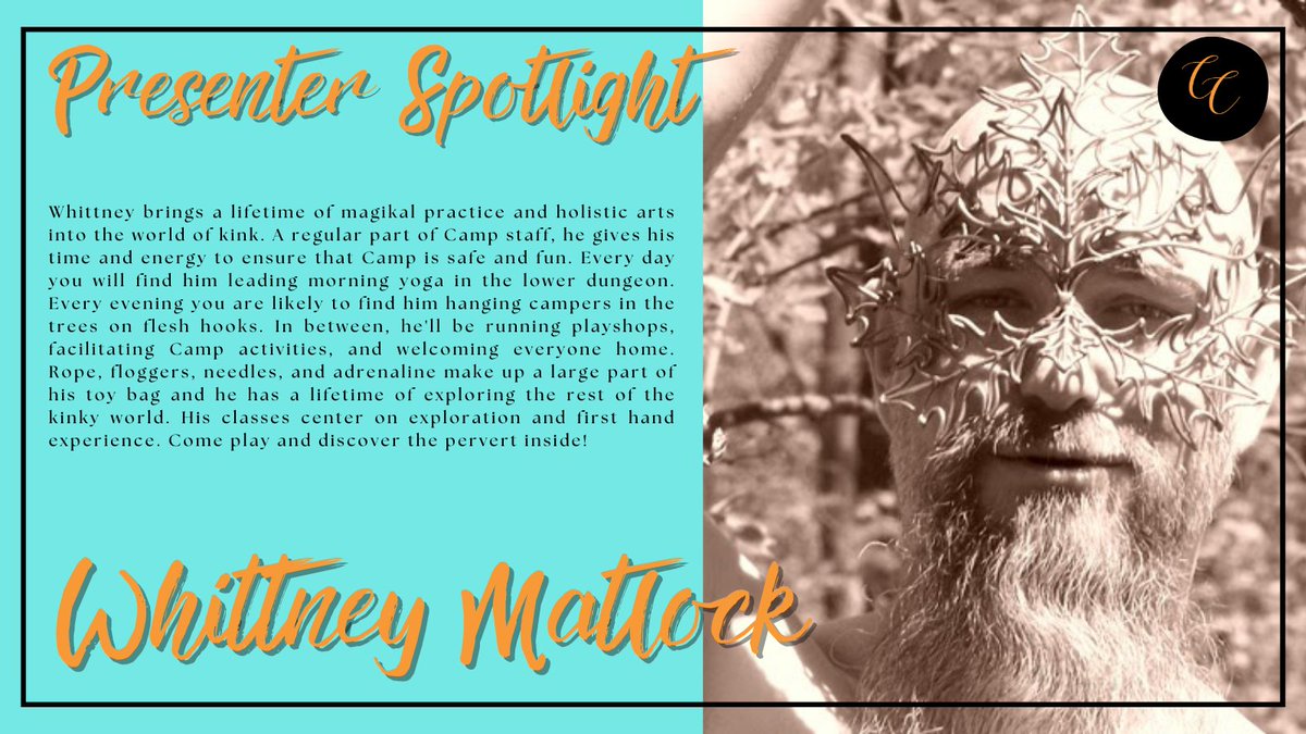 Today's Presenter Spotlight goes to Whittney! 

Whittney brings a lifetime of #magikal practice and holistic arts into the world of kink. A regular part of Camp staff, he gives his time and energy to ensure that Camp is safe and fun. 

#Kinkeducation #bdsmeducation #bdsmevents