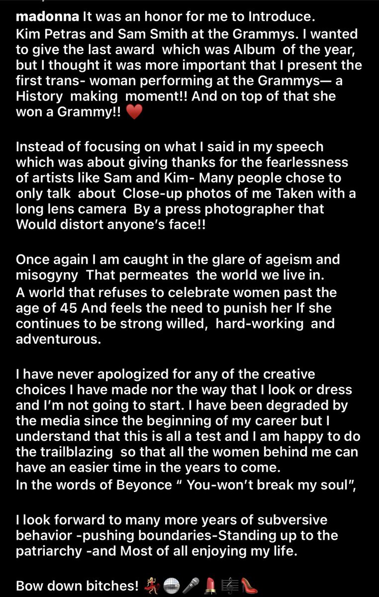 ReganLamphier's tweet photo. This was Madonna’s response to criticism of her appearance at the Grammys. She is such an icon. I love that she reclaimed her power! https://t.co/OtgFQupYG5