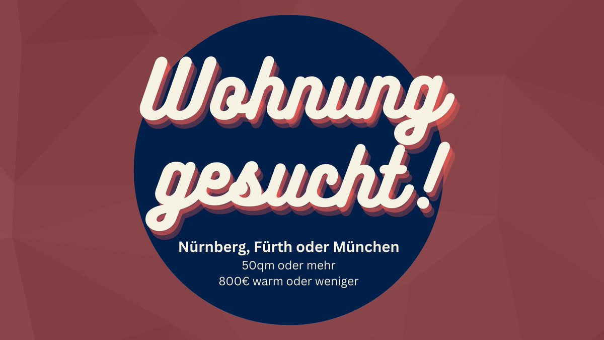 Mal ein bisschen #Followerpower pls. 💪

Falls ihr wen in Nürnberg oder München kennt der eine Wohnung zu vermieten hat oder Nachmieter sucht, dann meldet euch bitte gern bei mir!

Bestenfalls größer als 50qm und nicht teurer als 800€ warm.

Twitterschwarm, do your thing 💫