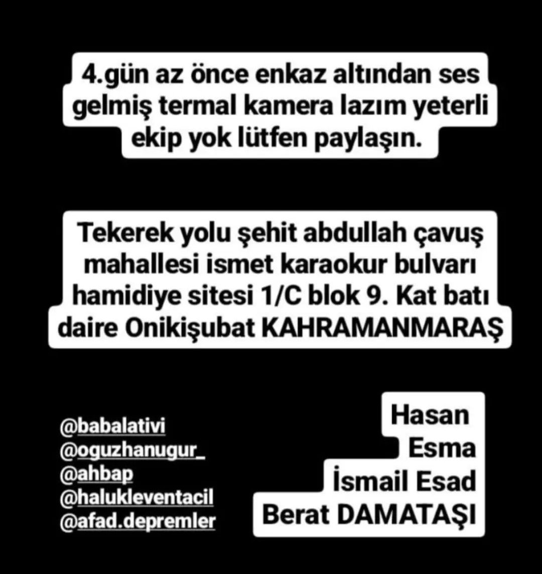 TTine_bandim's tweet photo. ÇOK ACİL VE GÜNCEL!!!
LÜTFEN PAYLAŞALIM 🙏🏻
@haluklevent @ahbap @ahbap_bursa @TC_icisleri @AFADBaskanlik @AFAD_gonullu @OguzhanUgur @buyuksehirkm @DepremDairesi @ihhinsaniyardim @ihhafet @tcbestepe #deprem #Kahramanmaras #depremsondakika #depremden #Marasyardimbekliyor #Retweeet https://t.co/p1uzJOje7d