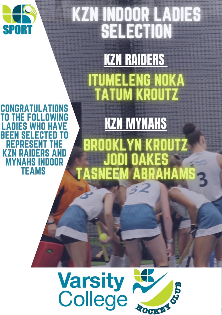 Congratulations to our ladies who have been rewarded with selection to represent KZN in Indoor Hockey with the Raiders and the Mynahs