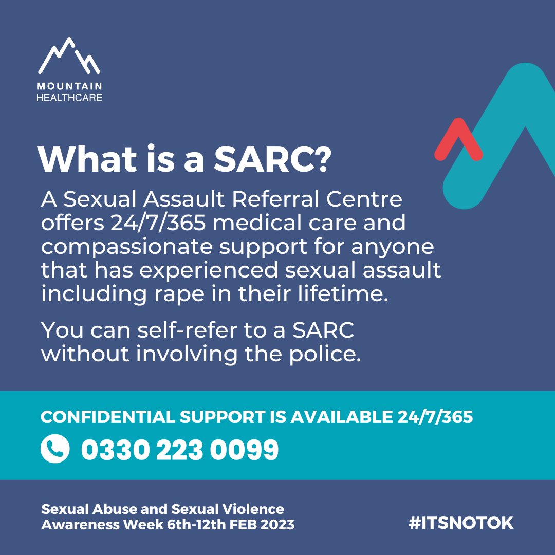 This #SexualAbuse &amp; #SexualViolence Awareness Week, join us in helping to remove barriers to accessing expert care and support following any form of #sexualassault. Our SARC services are available 24/7/365 across England. 📞 0330 223 0099
#ItsNotOk #SASVAW