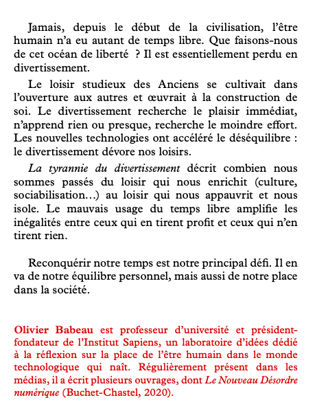OlivierBabeau's tweet photo. Très heureux que La Tyrannie du Divertissement soit #1 des ventes en Sociologie sur Amazon et de retour en stock !
👉 https://t.co/Enllov7EzN

Reconquérir notre temps est notre principal défi. Il en va de notre équilibre personnel, mais aussi de notre place dans la société. https://t.co/FS4AdkHiIa