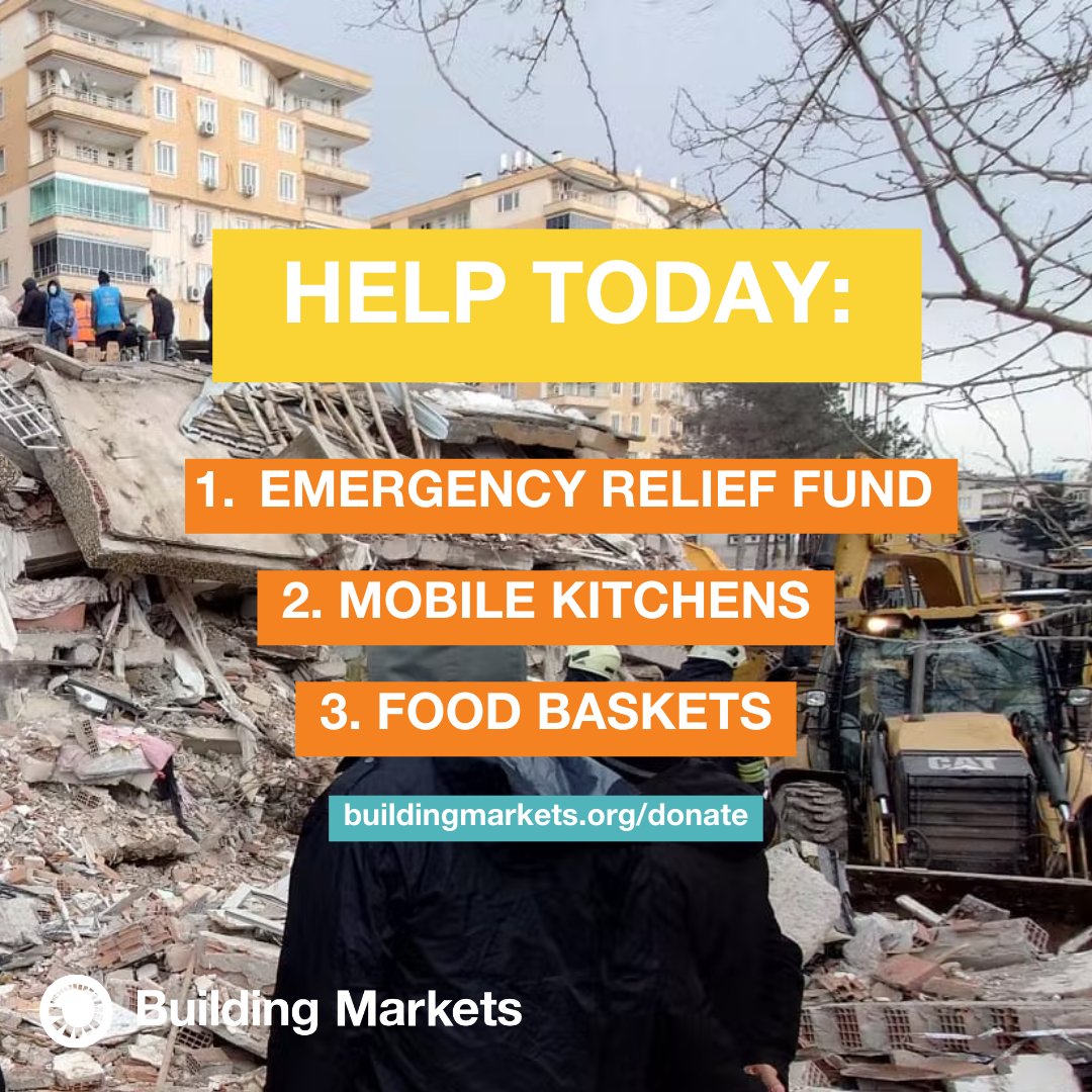 Building Markets is in action on the ground in Türkiye and our network of small businesses are ready to provide food relief together with the Syrian Restaurant Association, but they need your help. Take action now: buildingmarkets.org/earthquake-vic… #earthquakeinturkey #earthquake