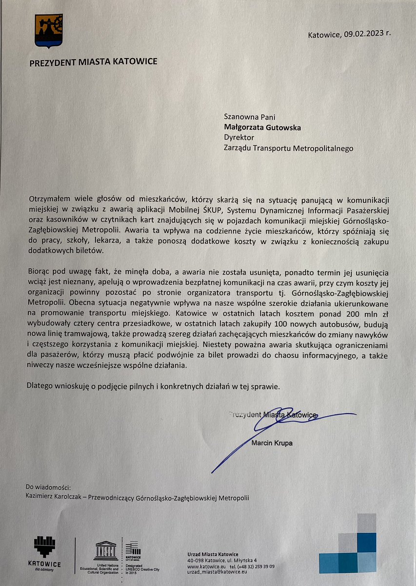 Minęła doba, a awaria nie została usunięta, ponadto termin jej usunięcia wciąż jest nieznany, dlatego zaapelowałem do <a href="/metropoliagzm/">GZM. Górnośląsko-Zagłębiowska Metropolia</a> o wprowadzenia bezpłatnej komunikacji na czas awarii! #śkup #katowice <a href="/miasto_katowice/">Miasto Katowice</a>
