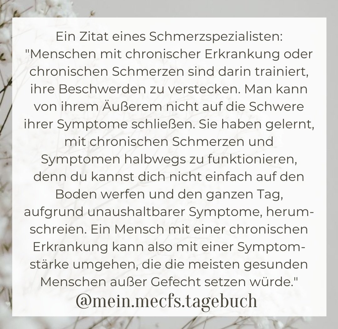 "Menschen mit chronischen Erkrankungen haben gelernt, mit ihren ständigen Symptomen halbwegs zu überleben und zu funktionieren, denn du kannst dich aufgrund der unaushaltbaren Symptome nicht einfach auf den Boden werfen und ständig herumschreien."
#mecfs #nichtgenesen #fibro