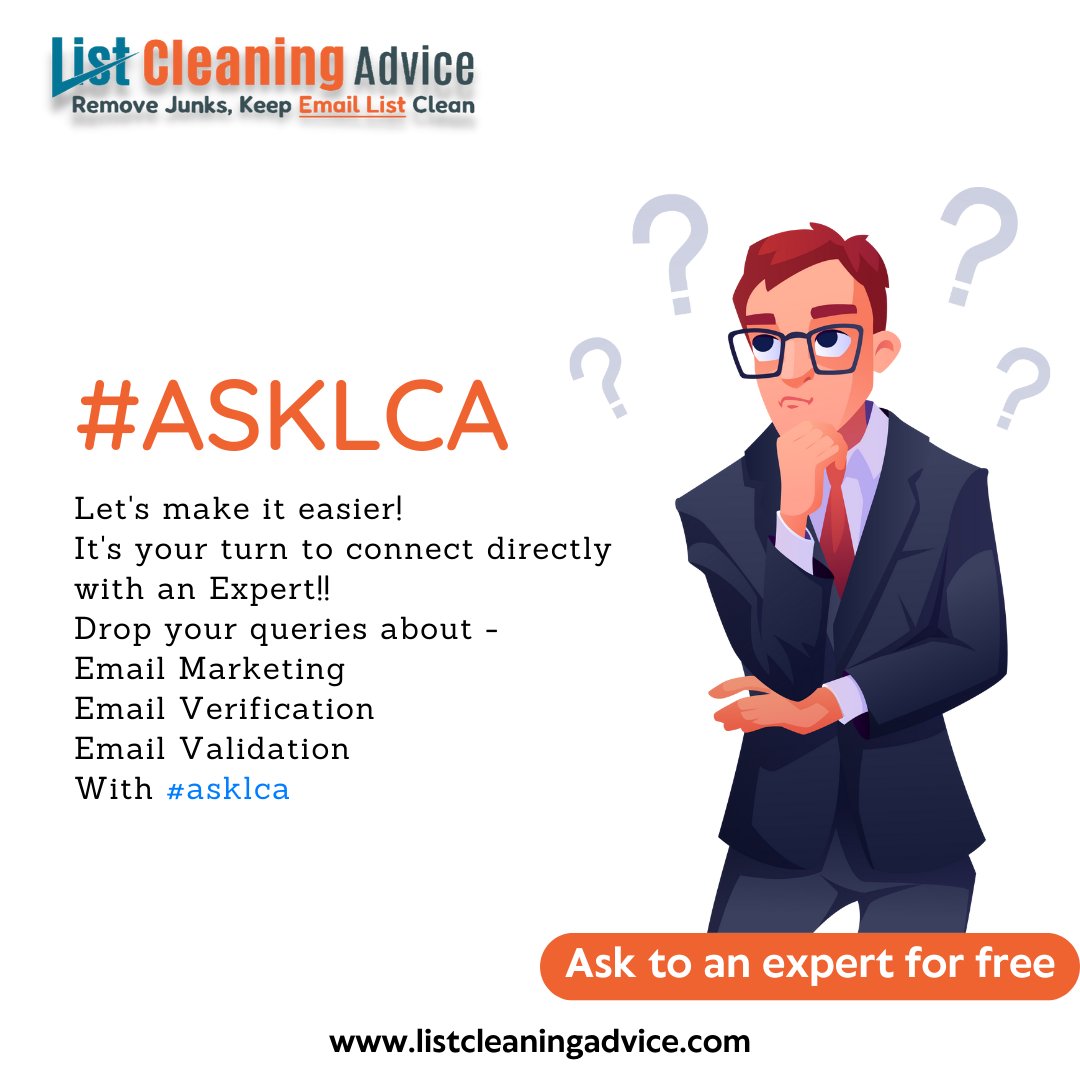 #Askmeanything in email verification!
Use #Asklca and ask your questions directly to the #experts!
Feel free to ask any questions regarding the #emailverification or #validation as well as about the #EmailMarketing!
#lca #ama #listcleaningadvice