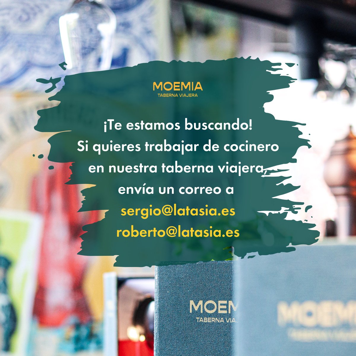 moemiataberna's tweet photo. ¡Te estamos buscando! Si quieres trabajar de cocinero en nuestra taberna viajera, envíanos un correo 🚨
📍 Avda. de los Andes, 8
RESERVAS ➡ LINK EN BIO
#somosMoemios #Moemia #tabernaviajera #taberneros #deaquiydealla #muymoemios #goodvibes @RobertoLatasia @sergiolatasia https://t.co/NbbAp5fS5b