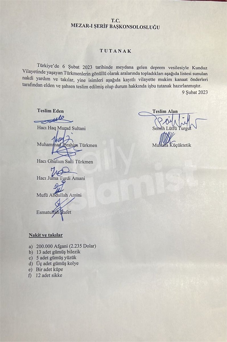 🔴 Afganistan’ın Kunduz vilayetinde halkın kendi aralarında Türkiye’ye bağışladıkları:

- 2.235 dolar
- 13 adet gümüş bilezik
- 5 adet gümüş yüzük
- 3 adet gümüş kolye
- 1 adet küppe
- 12 adet sikke