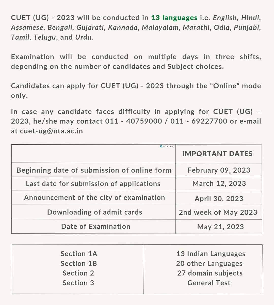 CUETInfo's tweet photo. Online Submission of application form for Common University Entrance Test #CUETUG for admission to Undergraduate Programmes will start tonight on the website https://t.co/1XTgRm5HVt #CUET #CUETUG2023 https://t.co/vFWyaQ0oxY