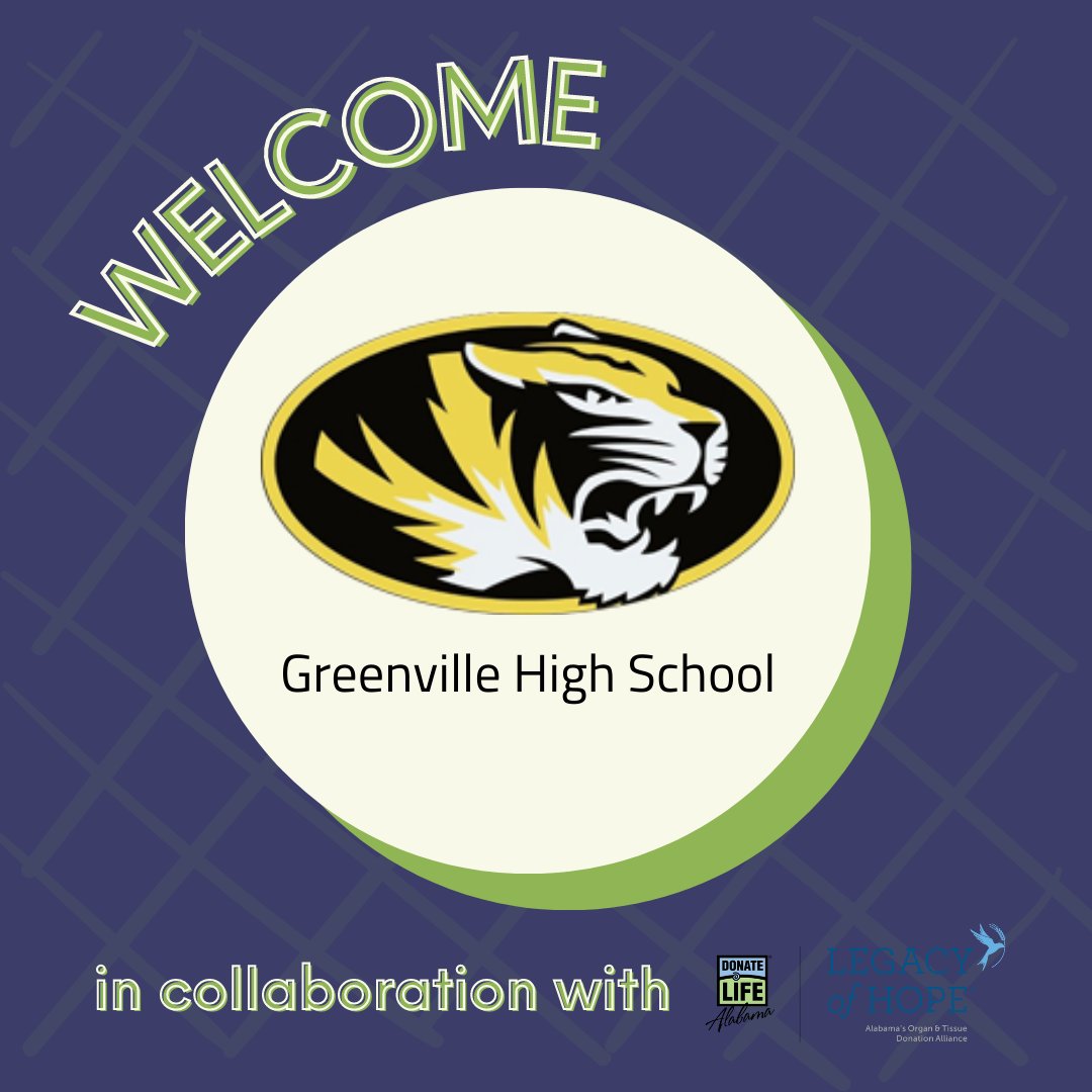 A BIG welcome to our 5th SODA in AL, SODA at Greenville HS! 🙌

[Image description: A blue graphic with a tan circle. Greenville HS's logo is in the circle, and 'Welcome' is wrapped around the top left. At the bottom, it says, 'in collaboration with' followed by @legacyofhopeAL]
