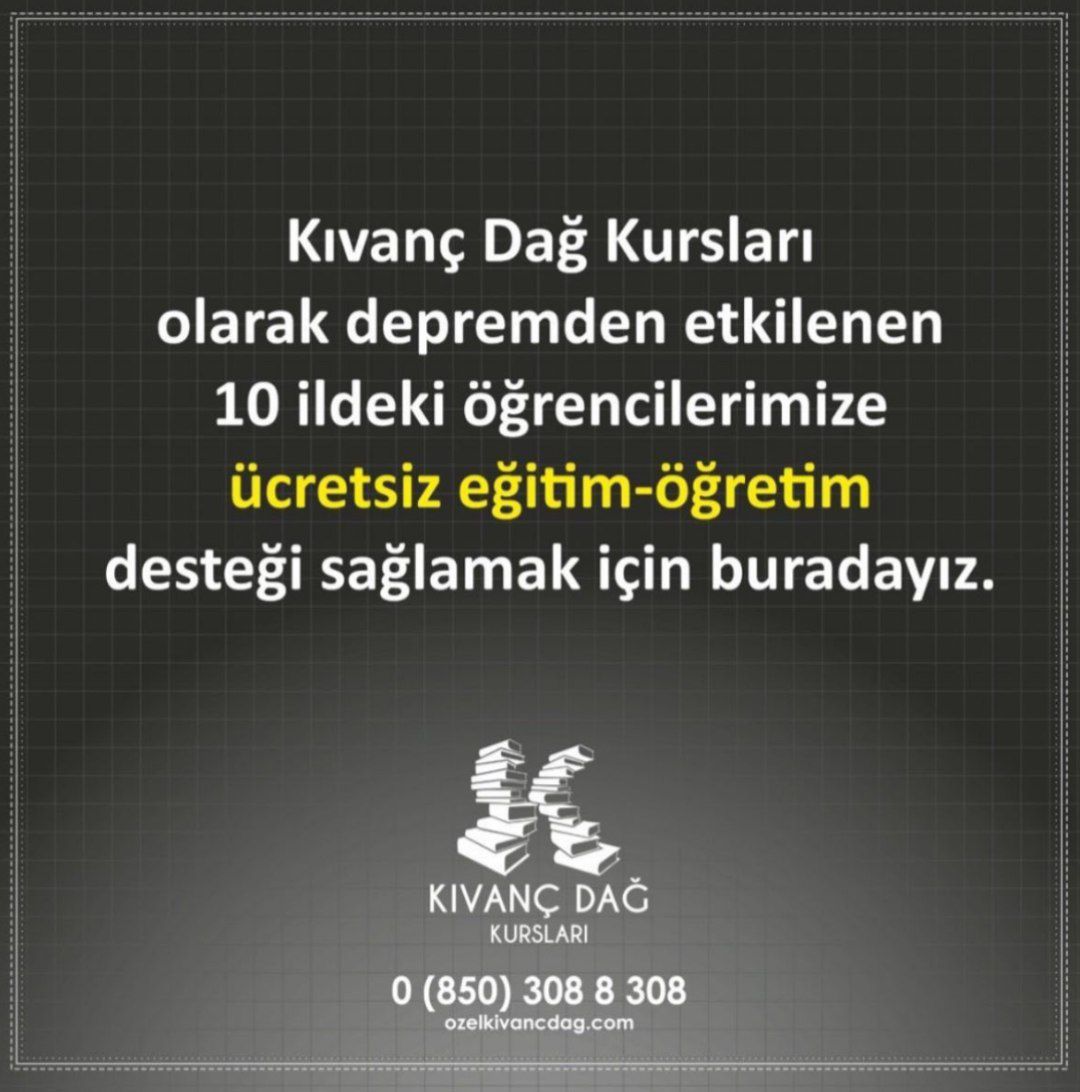Edremit/Balıkesir'de bulunan Kıvanç Dağ Eğitim Kursu 10 ilde etkilenen depremzedelere ücretsiz eğitim öğretim imkanı sunuyor lütfen yayar mısınız?
<a href="/atavratfelipe/">Felipe #26</a> <a href="/haluklevent/">Haluk Levent ( Ahbap Ekibi )</a> <a href="/lordsinov/">Con Sinov</a> <a href="/ProfDemirtas/">Özgür Demirtaş</a> <a href="/temmuz1919/">lt col temmuz</a>