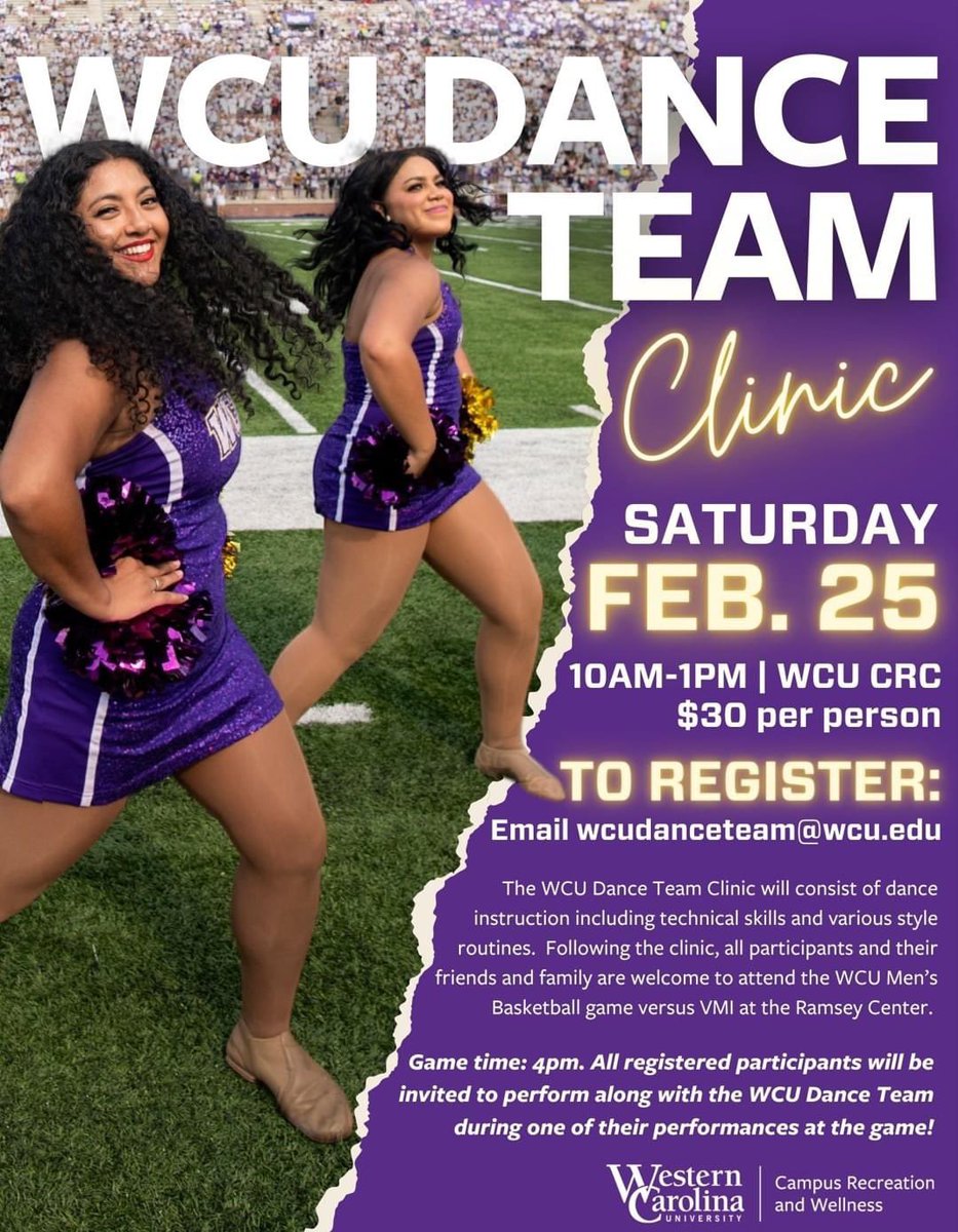 Catamounts's tweet photo. Hey Catamount Nation… your WCU Dance Team is holding a clinic on Feb. 25 at the Campus Recreation Center as a part of #PackTheRAC day…! See below for details for the little dancers in your life! 🕺💃 #CatamountCountry #Dance https://t.co/DNWh7Sqlcg