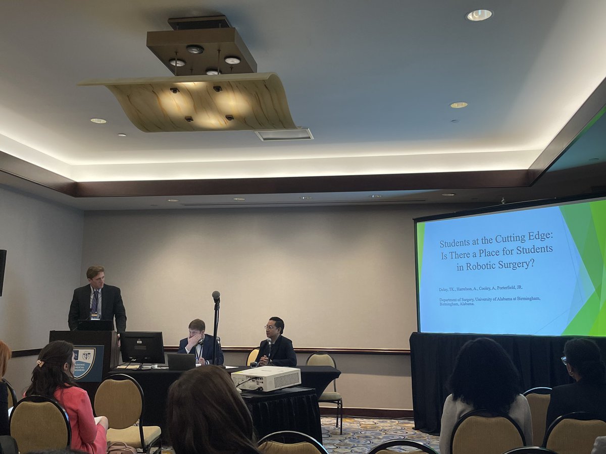 Enjoyed sharing a passion project at #ASC2023 Students can meaningfully contribute to robotic surgery both at bedside and at the console with proper training via simulation. MS4s: bored? Fire up the simulator! 
<a href="/UABSurgery/">UAB Surgery</a> <a href="/harrelson_alex/">Alex Harrelson, MD, MBA</a> <a href="/cooleyabigailm/">Abigail Cooley</a> <a href="/IntuitiveSurg/">Intuitive</a>